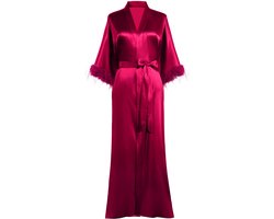Prodesign Women's Dressing Gown Long Satin Bathrobe Kimono Robe Negligee 3/4 Feather Sleeves Loungewear Sleeping Gown Women's Nightwear, Wine Red, One Size, wine red, One size