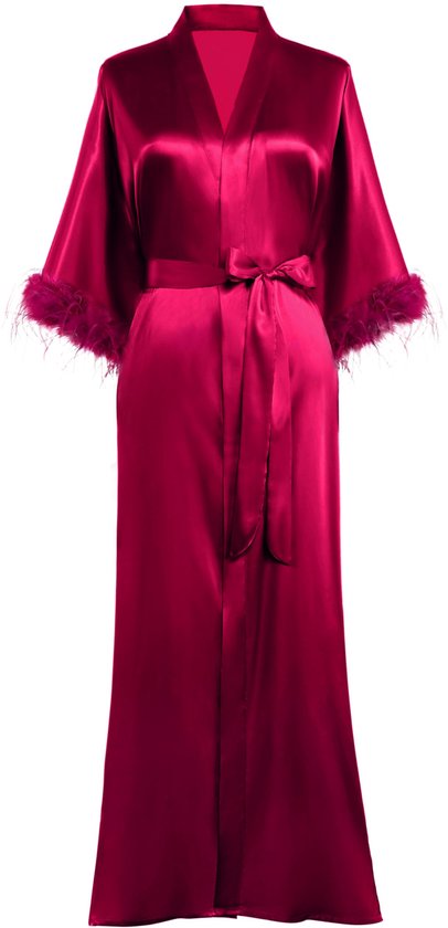 Prodesign Women's Dressing Gown Long Satin Bathrobe Kimono Robe Negligee 3/4 Feather Sleeves Loungewear Sleeping Gown Women's Nightwear, Wine Red, One Size, wine red, One size