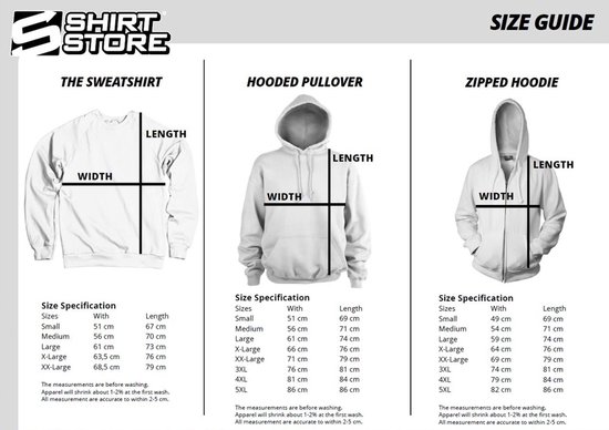 Maattabel voor truien, hoodies en rits-hoodies met breedte- en lengtemaatvoering.