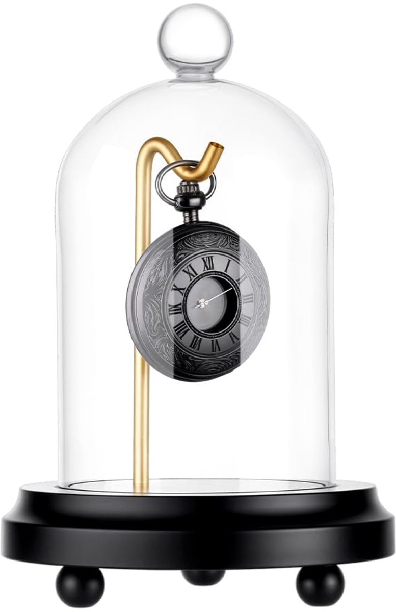Pocket Watch Display Case Watch Glass Display Dome Clock Clear Glass Bell with Solid Wood Base with Gold Metal Hook for Pocket Watches Medals Collectibles 11.5 x 17cm