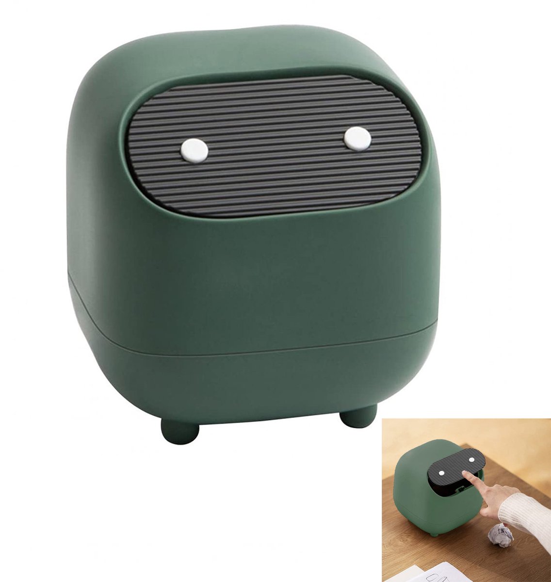 Mini-prullenbak met deksel - Leuke prullenbak voor op het bureau - Kleine prullenbak - Heeft pootjes aan de onderkant - Gemakkelijk te gebruiken - Perfect voor op het badkamermeubel, bureau, kantoor of salontafel - Groen