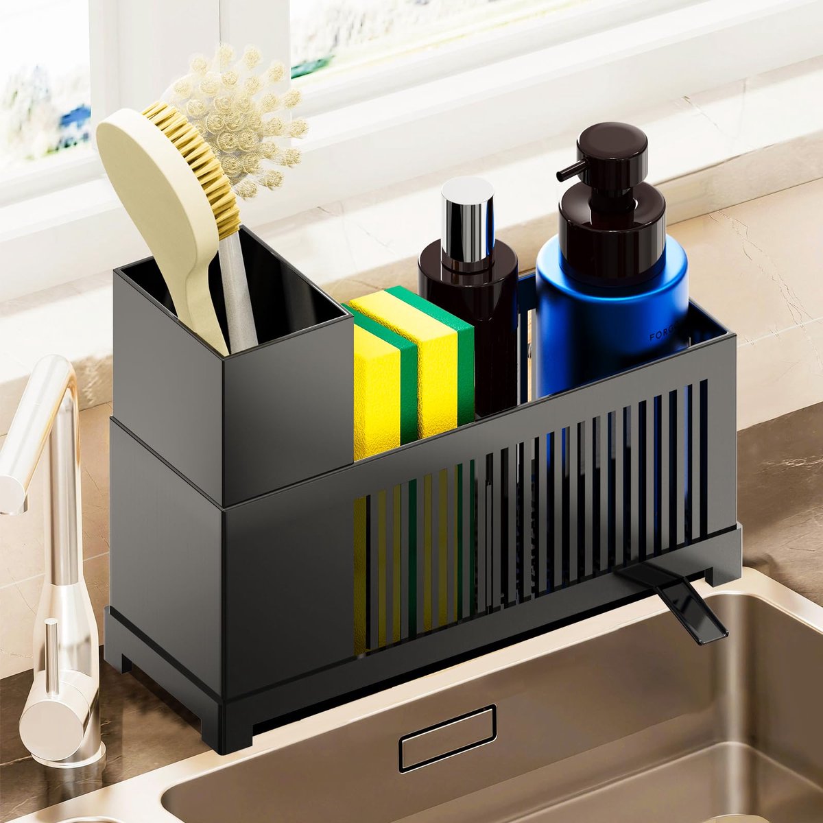 Ibenzoa® Compacte en veelzijdige gootsteenorganizer met afneembare lekbak en borstels