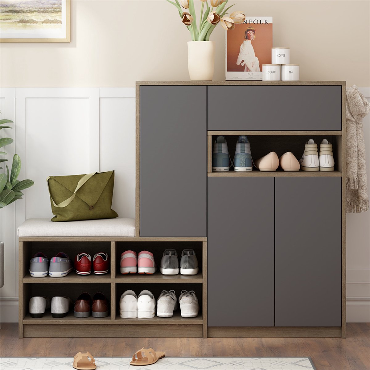 YEHTOKHOME Schoenenkast houten - 140x35x110cm - voor 26 paar Schoenen - multifunctioneel schoenenrek met gestoffeerde zitting - verstelbare planken - 1 lade - grijs
