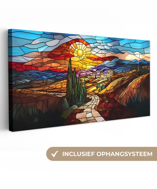 Tableau sur toile 100x50 cm - Décoration murale exclusive Mosaïque - Soleil - Paysage - Village - Décoration murale salon - Décoration chambre - Accessoires chambre - Peintures sur toile