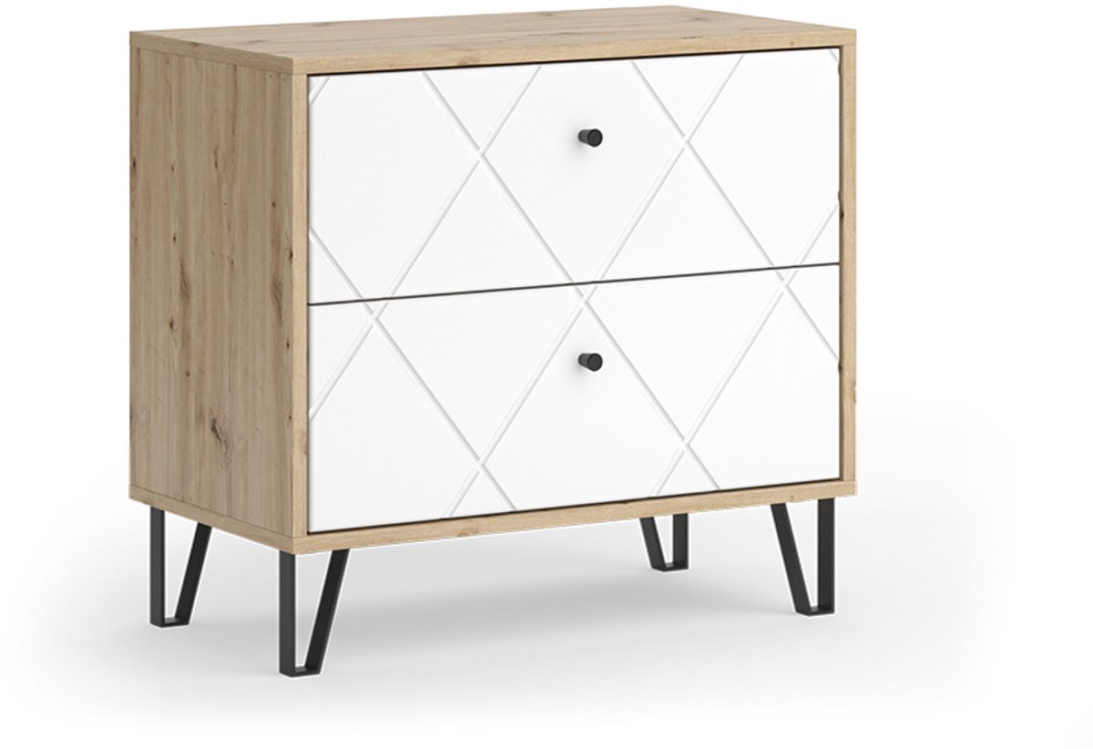 Vicco Nizza Nachtkastje – 66 x 60.2 cm met 2 lades Ambachtelijk/Wit Artisanaal eiken