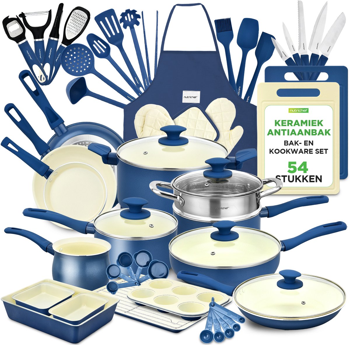 NutriChef 54-Delige Marmeren Kook- en Bakset – Inductiegeschikt, Antiaanbak, Kookpannen, Potten, Keukentools, Muffinvorm & Bakplaat – PFOA/PFOS-vrij