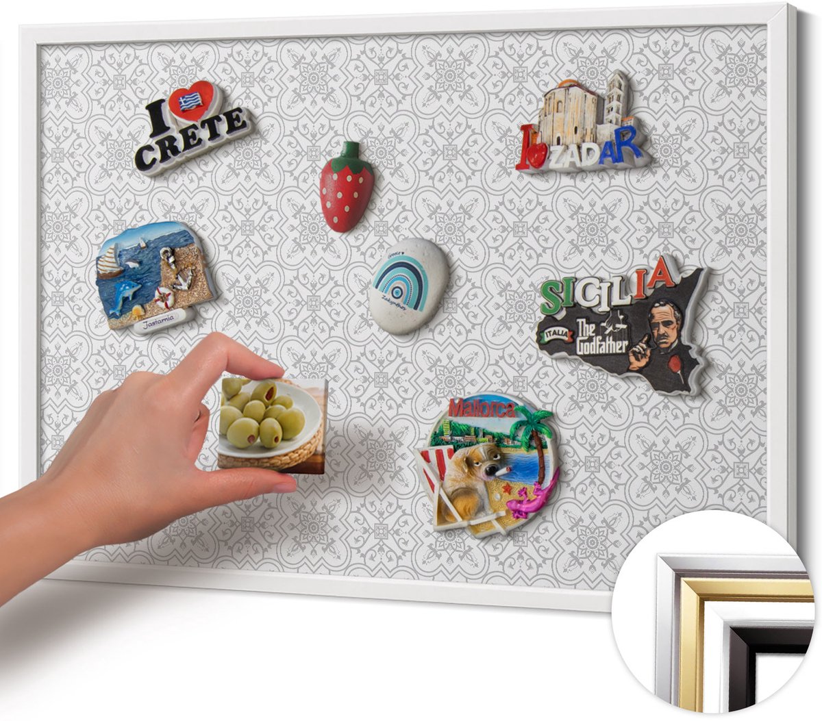 Wallfluent - Grijs Magneetbord met Ontwerpen - 60 cm x 40 cm - Magneetbord met Witte Frame - Regelmatig ornamentpatroon - Magnetisch Bord Rechthoekig - Magneetbord met Effen Frame - Magnetisch Bord voor aan de Wand