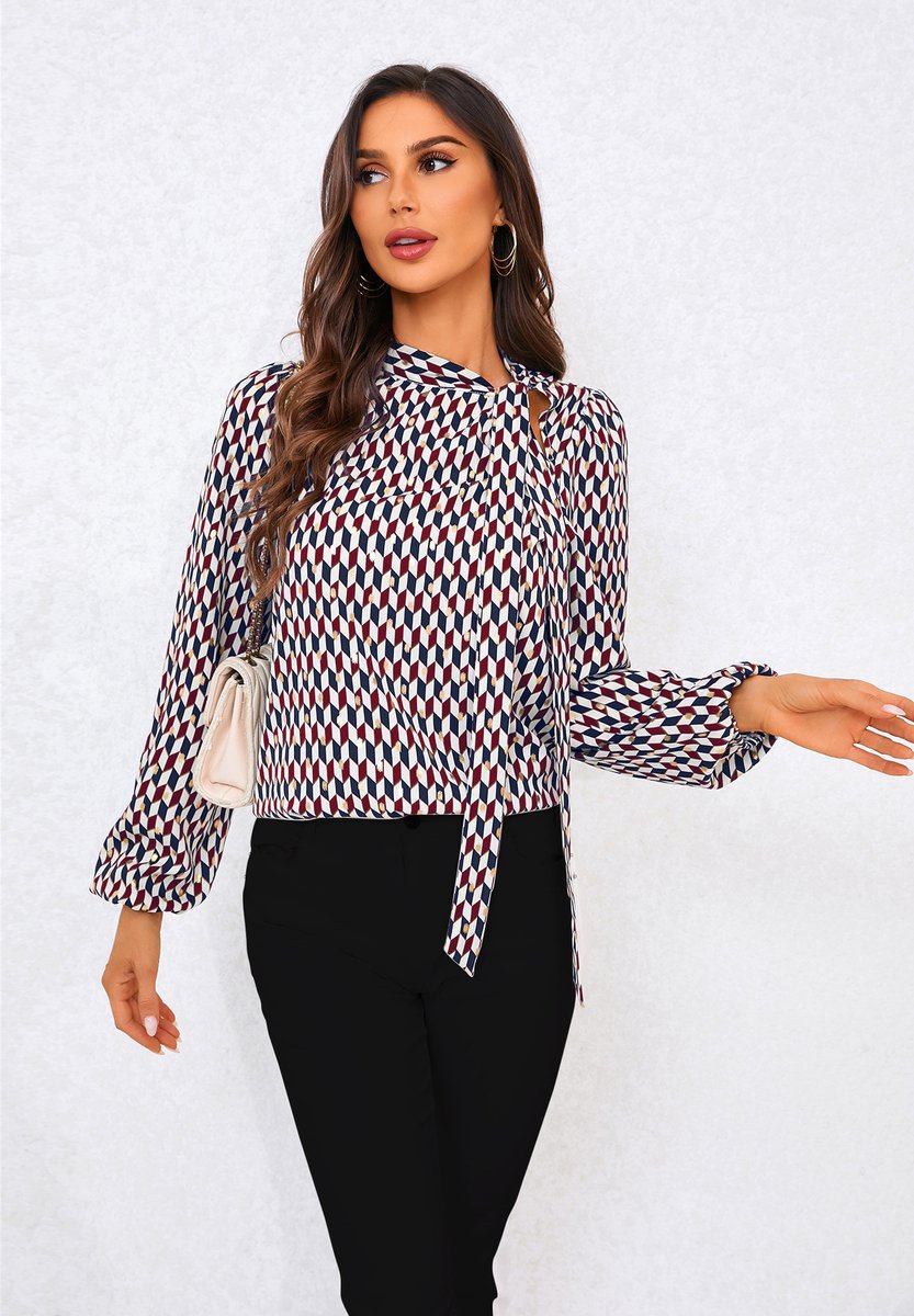 Geo Print Blouse Top met Strik aan de Zijkant in Wijnrood