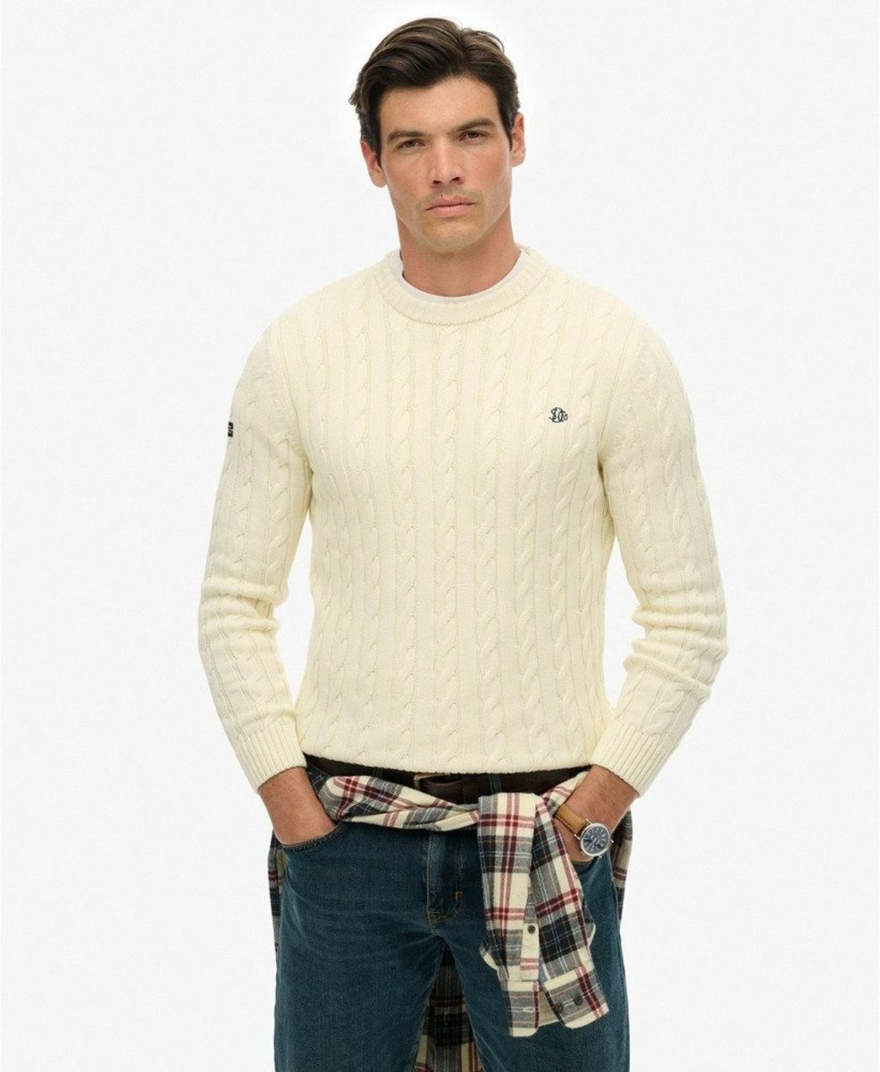 Superdry Katoenen Kabelgebreide Crew Trui Heren Sweaters Creme