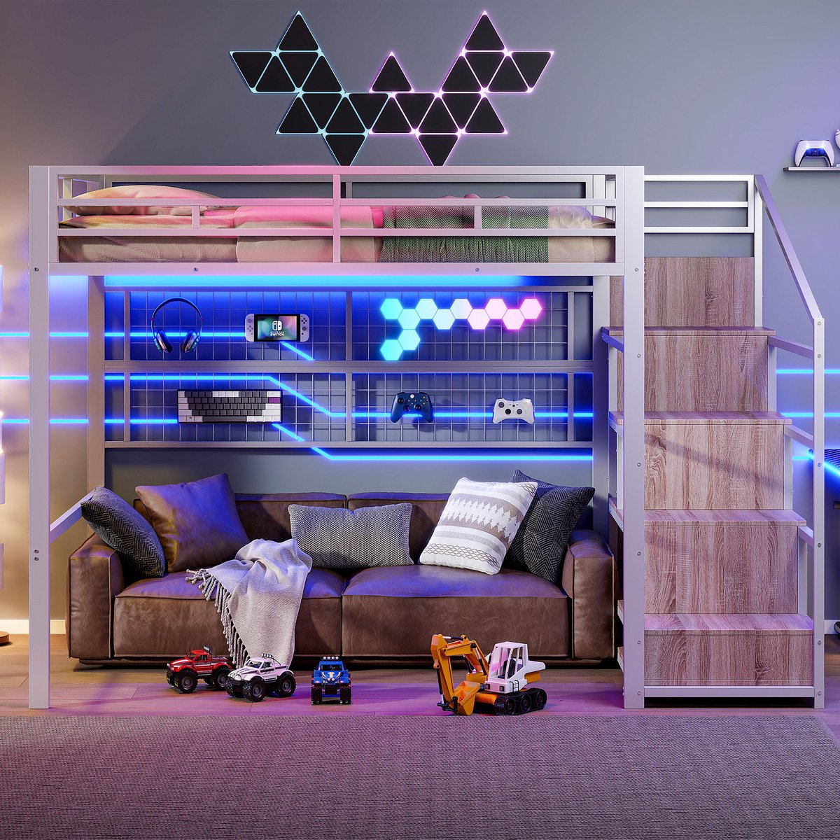 Merax Hoogslaper 140 x 200 cm - kast - opbergladder - hangnet - vrije ruimte onder het bed - met LED verlichting - zonder matras - wit