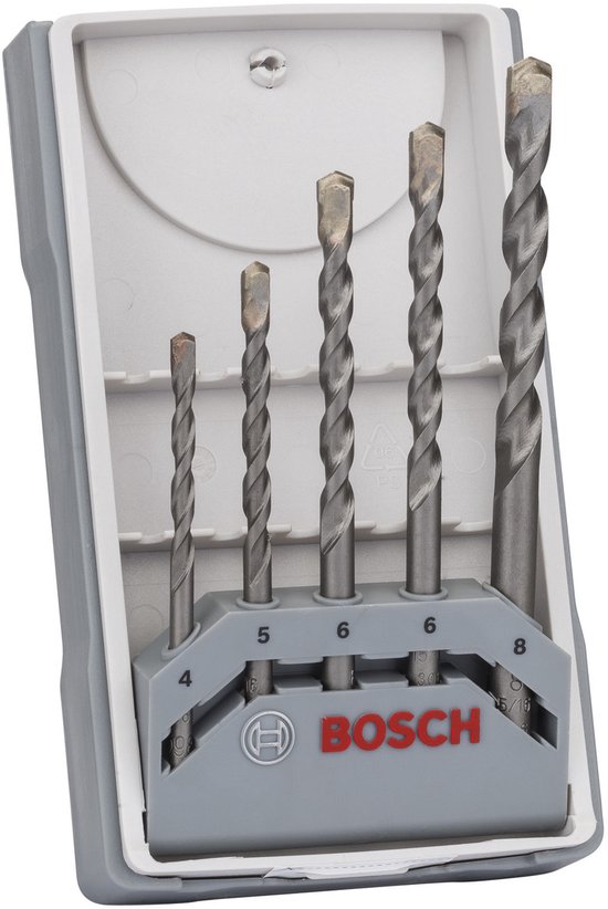 Bosch 5-delige betonborenset met maten 4, 5, 6, 6, 8 mm in een grijze koffer.