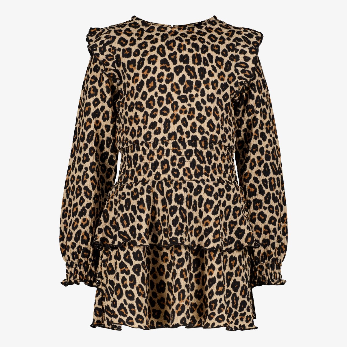 TwoDay meisjes jurk met panterprint en ruches beige - Maat 98