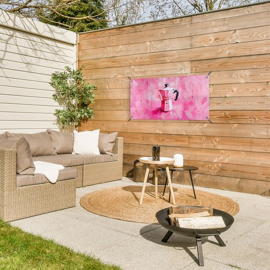 Tuinposter 80x40 cm - Tuindecoratie Roze - Verf - Coffee - Poster voor in de tuin - Buiten decoratie - Schutting tuinschilderij - Tuindoek muurdecoratie - Wanddecoratie balkondoek