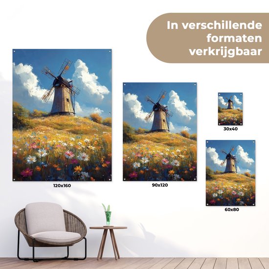 Tuinposter 60x80 cm - Tuindecoratie Windmolen - Heuvel - Bloemen - Kleurrijk - Poster voor in de tuin - Buiten decoratie - Schutting tuinschilderij - Tuindoek muurdecoratie - Wanddecoratie balkondoek