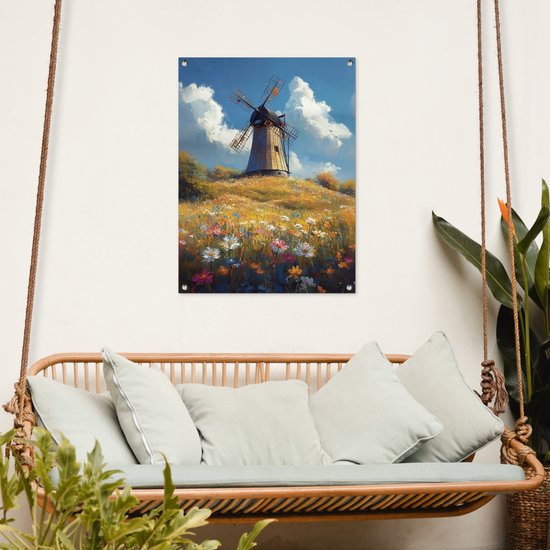 Tuinposter 60x80 cm - Tuindecoratie Windmolen - Heuvel - Bloemen - Kleurrijk - Poster voor in de tuin - Buiten decoratie - Schutting tuinschilderij - Tuindoek muurdecoratie - Wanddecoratie balkondoek