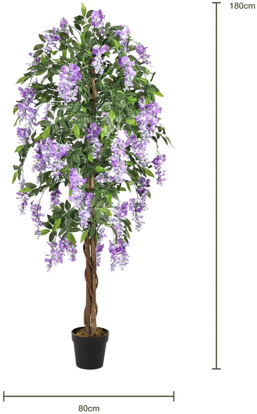 Arbre artificiel de glycine, 180cm de haut et 80cm de large, avec fleurs violettes, feuilles vertes, tronc torsadé et pot noir.