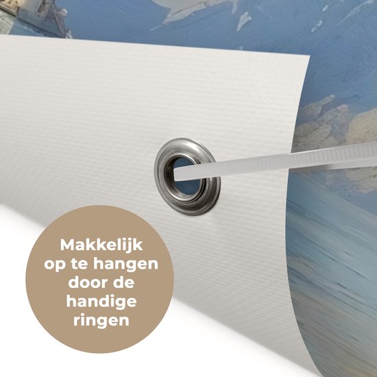 Tuinposter 90x60 cm - Tuindecoratie Zeilschip - Huizen - Kade - Zee - Poster voor in de tuin - Buiten decoratie - Schutting tuinschilderij - Tuindoek muurdecoratie - Wanddecoratie balkondoek