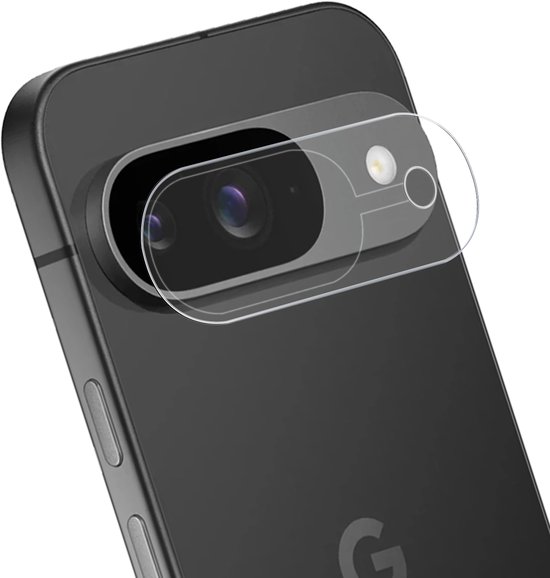 Doorzichtige screenprotector op de camera van een zwarte Google Pixel 10.