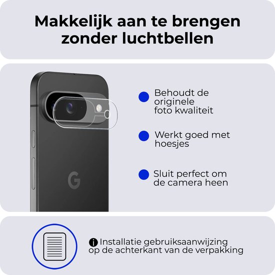 Zwarte telefoon met cameralens protector. Tekst: Makkelijk aan te brengen zonder luchtbellen. Behoudt foto kwaliteit. Werkt met hoesjes. Sluit perfect om camera.