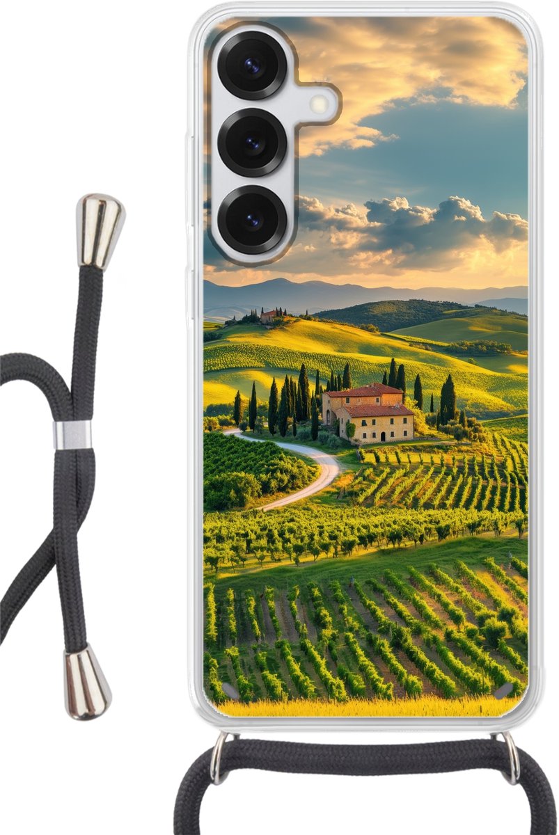 Telefoonhoesje Geschikt voor Samsung Galaxy S25 Plus - Toscane - Landschap - Wijngaarden - Siliconen - Crossbody - Backcover met Koord - Telefoonhoesje met koord - Hoesje met touw Telefoonhoesje