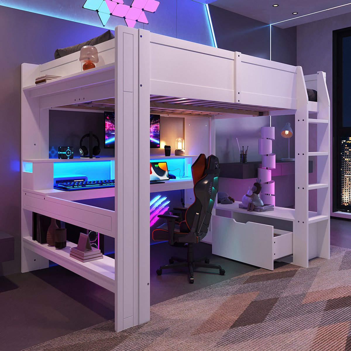 KOMHTOM Hoogslaper, 140*200 cm, gamingbed met bureau, met ledlampjes, bureau, lade, planken, zonder matras, wit