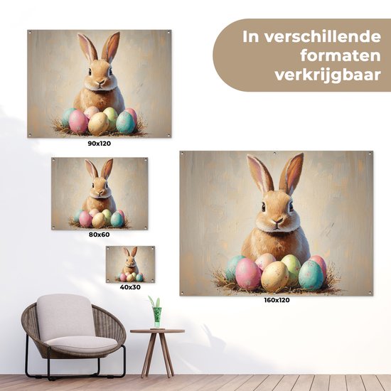 Tuinposter 80x60 cm - Tuindecoratie Paashaas - Pastel - Eieren - Poster voor in de tuin - Buiten decoratie - Schutting tuinschilderij - Tuindoek muurdecoratie - Wanddecoratie balkondoek - Pasen - Paasdecoratie - Paas versiering