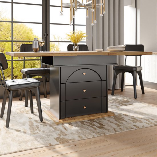 B&D home eettafel Bosco, uittrekbaar 120-160x80 cm 4-6 personen keukentafel met zuil voor eetkamer, keuken, Scandinavisch modern design, Texas-eiken, 11201-BE-EITE