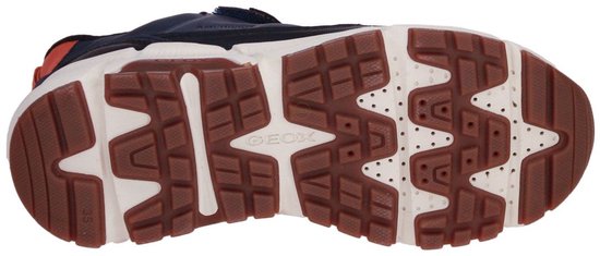 Zool van een blauwe Geox Amphibiox sneaker met bruine en witte details. Maat 35.