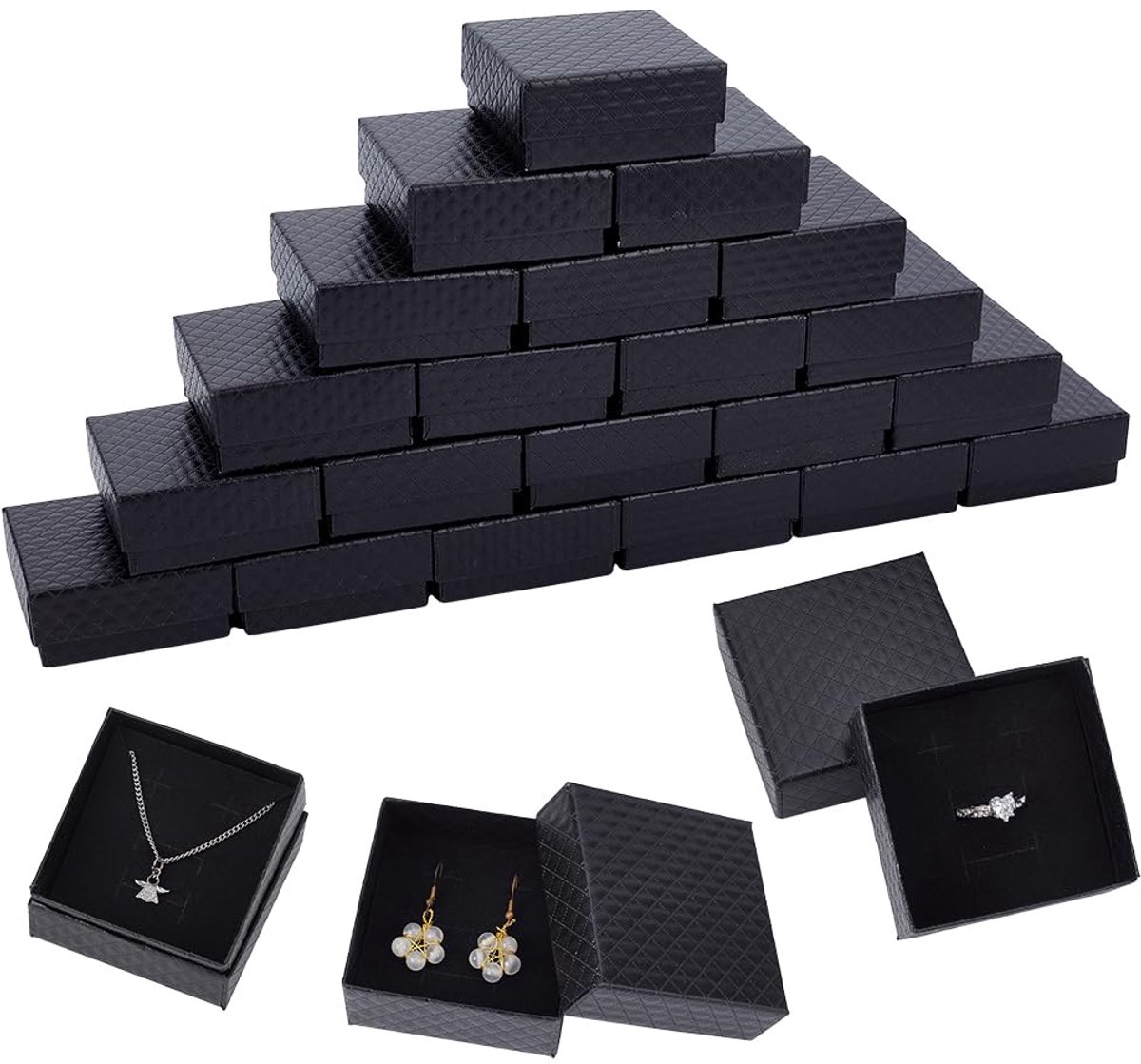 24 Packs Sieraden Dozen - 7x7x3cm - Zwart Met Diamantpatroon En Fluwelen Spons