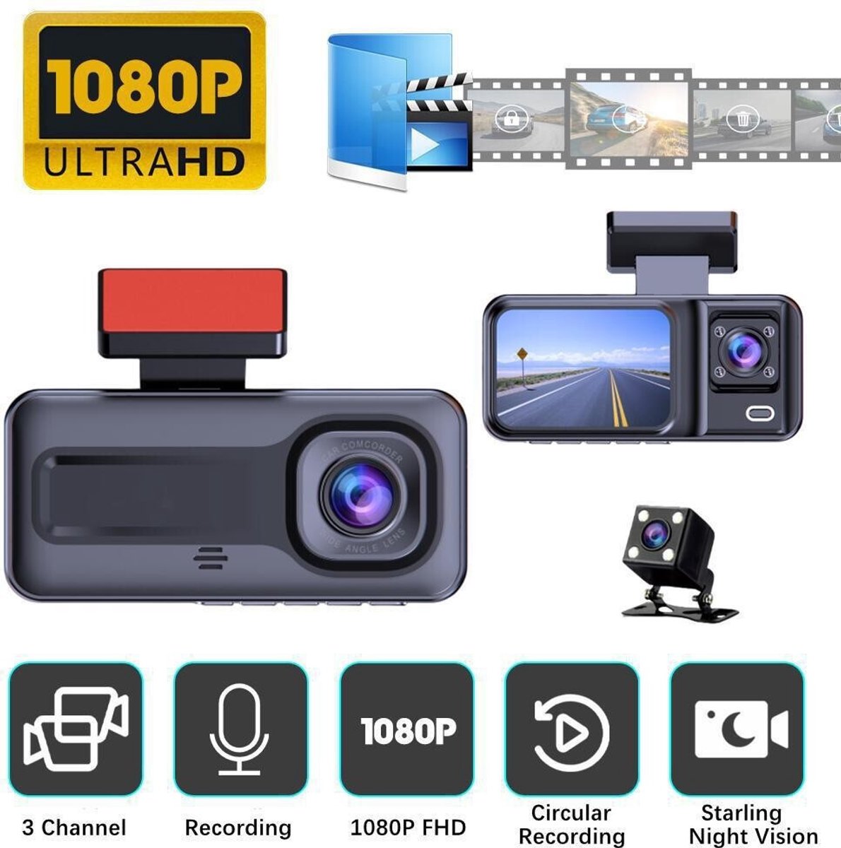 2-inch HD nachtzicht drievoudige lens DVR + wifi