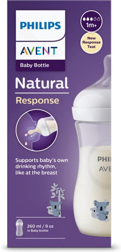 Philips Avent Natural Response babyfles, 260 ml, flow 3. Paarse verpakking met koala afbeelding.