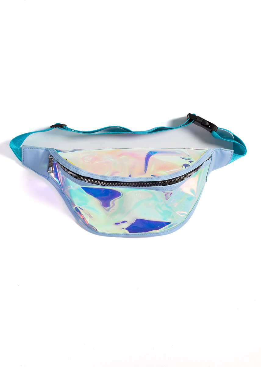 KIMU® Grote Transparante Iridescent Heuptas Blauw Holografisch Fanny Pack Lichtblauw Festival