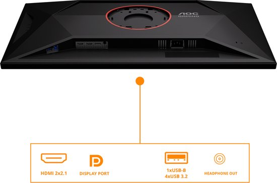 Achterkant van een AOC gaming monitor met poorten: 2x HDMI 2.1, Display Port, 1x USB-B, 4x USB 3.2 en headphone out.