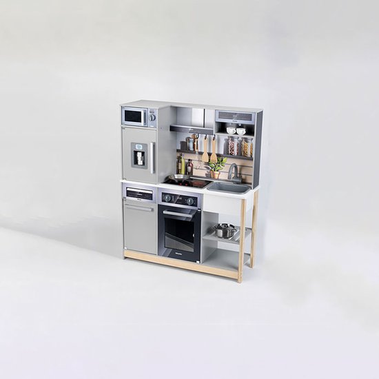 Grijze Miele speelgoedkeuken met koelkast, magnetron, oven, kookplaat, gootsteen en diverse accessoires.