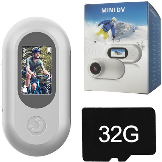 Grijze mini camera, verpakking met een skiër en een SD-kaart van 32 GB.