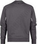 Donkergrijze sweater, achterkant. Grijze reflecterende details op de mouwen. Logo 'DASSY' op de onderkant van de mouw.