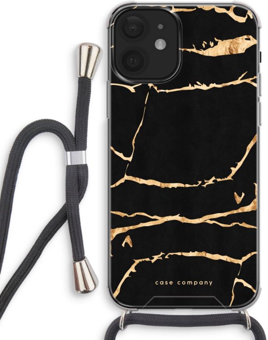 Case Company® - Coque pour iPhone 12 Mini avec cordon - Marbre doré - Coque pour téléphone avec cordon Zwart - Protection Extra sur tous les côtés et sur le bord de l'écran