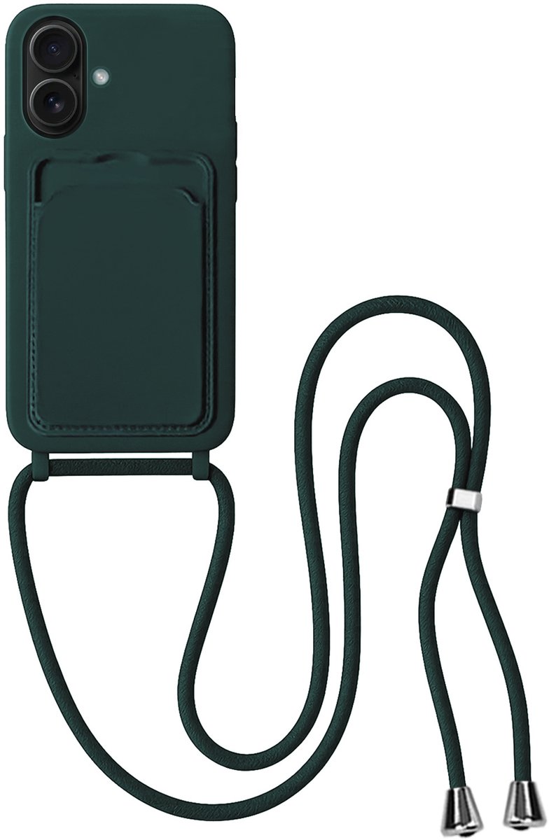 Hoes Geschikt voor iPhone 16 Plus Hoesje Pas Houder Case Hoes Met Koord - Hoesje Geschikt voor iPhone 16 Plus Hoes Met Telefoonkoord Pasjeshouder Cover - Donkergroen