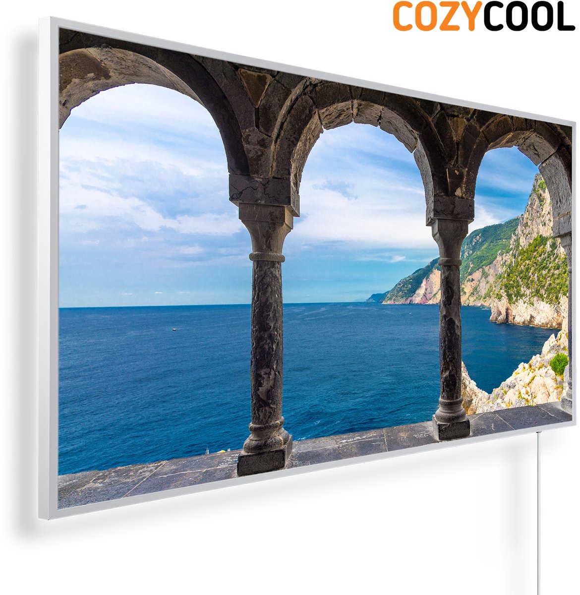 Infraroodpaneel met afbeelding | Kust door raam San Pietro | 1200 Watt | Witte lijst | Infrarood verwarmingspaneel | Infrarood paneel | Infrarood verwarming