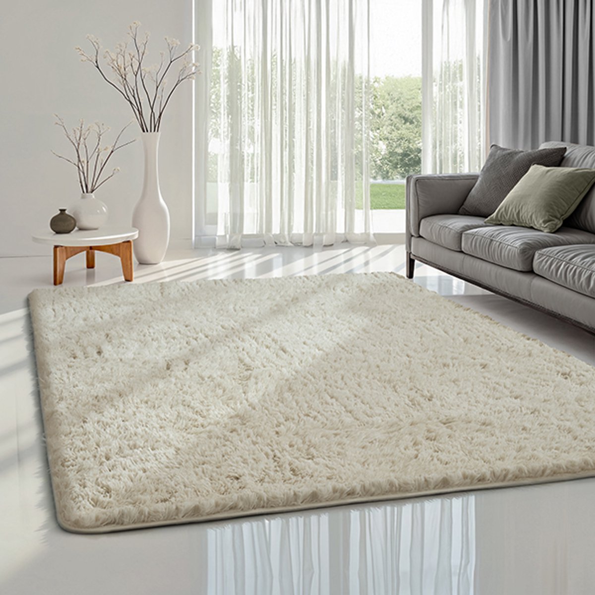 Karpet24 Fluffy Shaggy - Zacht Hoogpolig Vloerkleed, Onderhoudsarm, Cream-Ø 120 cm rond