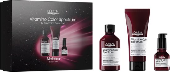 L'Oréal Professionnel Vitamino Color Spectrum geschenkset met shampoo, conditioner en serum, naast de gevulde geschenkdoos.