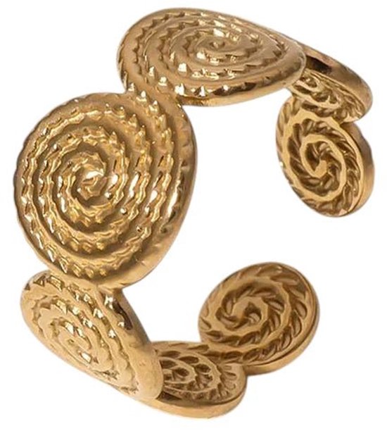 Verstelbare goudkleurige ring met gedraaide cirkelmotieven.