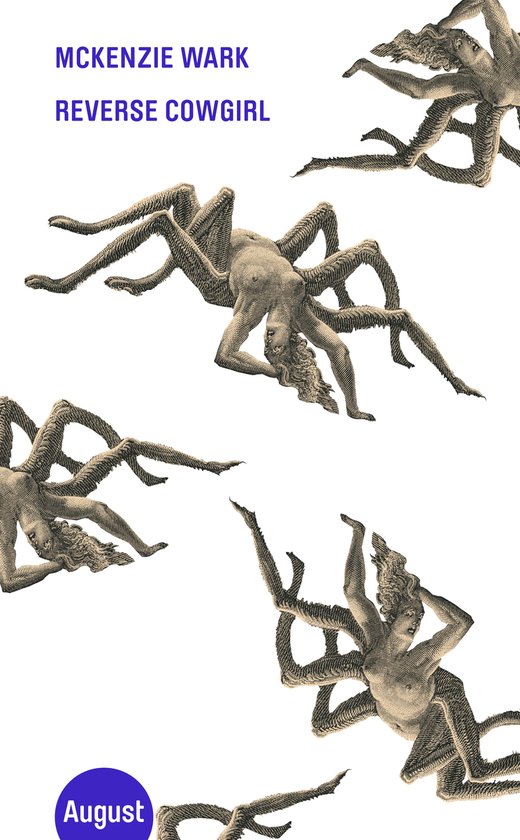 Boekcover met tekst McKenzie Wark Reverse Cowgirl en een zwart-witte illustratie van een spin-achtige figuur met menselijke ledematen.