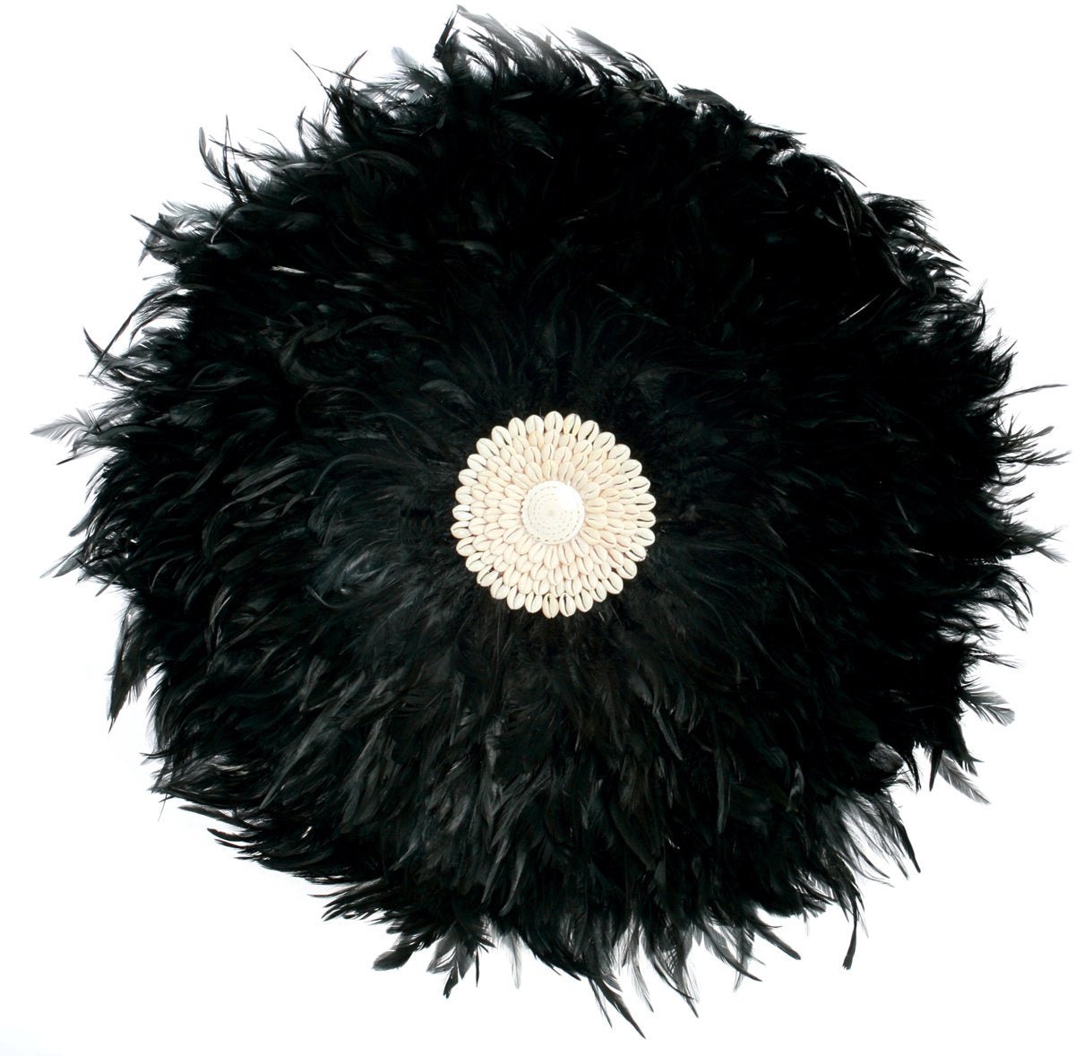 PS-Collection Wanddecoratie Coastal Juju - Veren/Schelpen - Zwart - Ø60 cm - wanddecoratie woonkamer, wanddecoratie industrieel, wanddecoratie zeegras, wanddecoratie metaal, wand decoratie, wanddecoratie slaapkamer, wanddecoratie hout