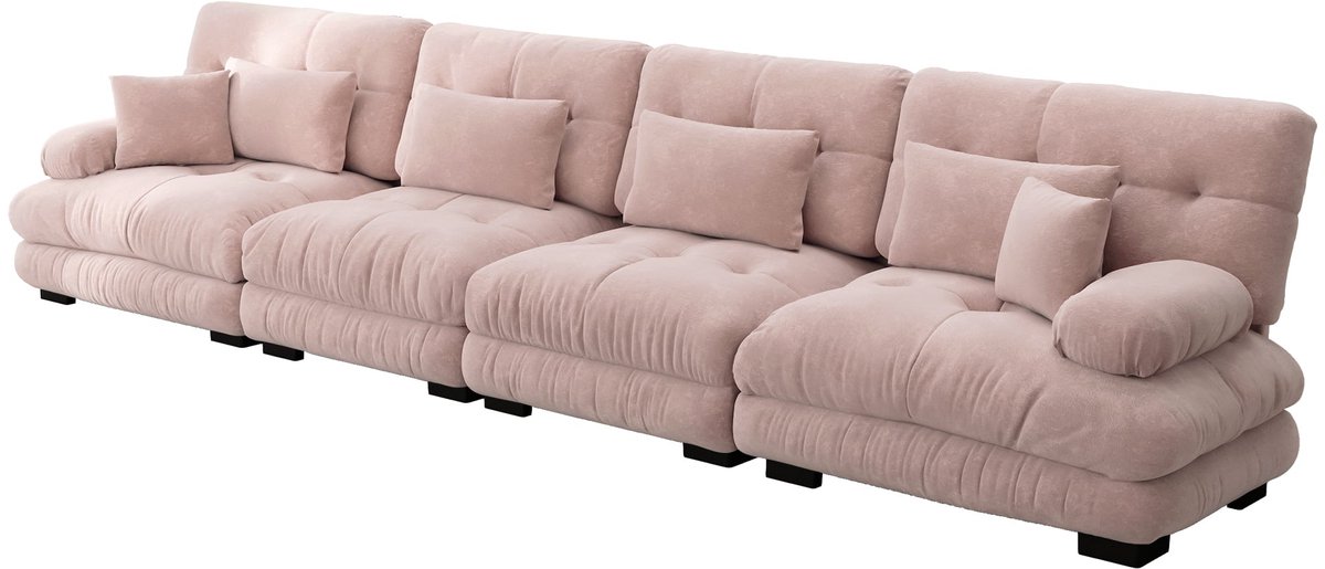 Merax Hoekbank 4-Zits - Modulaire Slaapbank met Diepe Zit - Comfortabel Chenille Sofa met Kussens - Loungebank voor Woonkamer Appartement en Studio - 406x77x81 cm - Roze