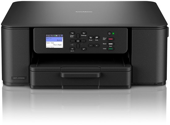 Zwarte Brother DCP-J1310W multifunctionele printer, frontaal, met display en papierlade.
