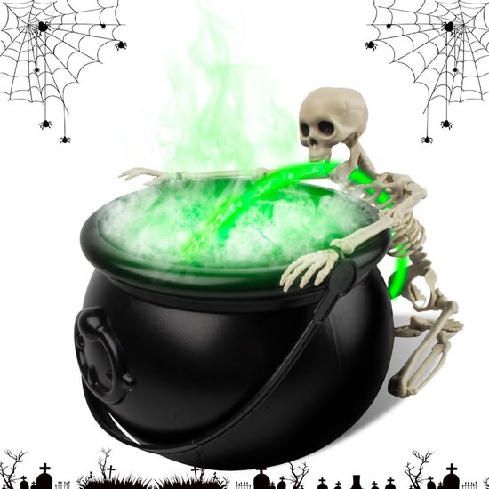 Halloween Heksenketel met Rookmachine – Drijvende Mistmaker voor Binnen & Buiten | Griezelige Decoratie met Waterdamp, Skelet & Zombie-effect | Perfect Halloween Cadeau