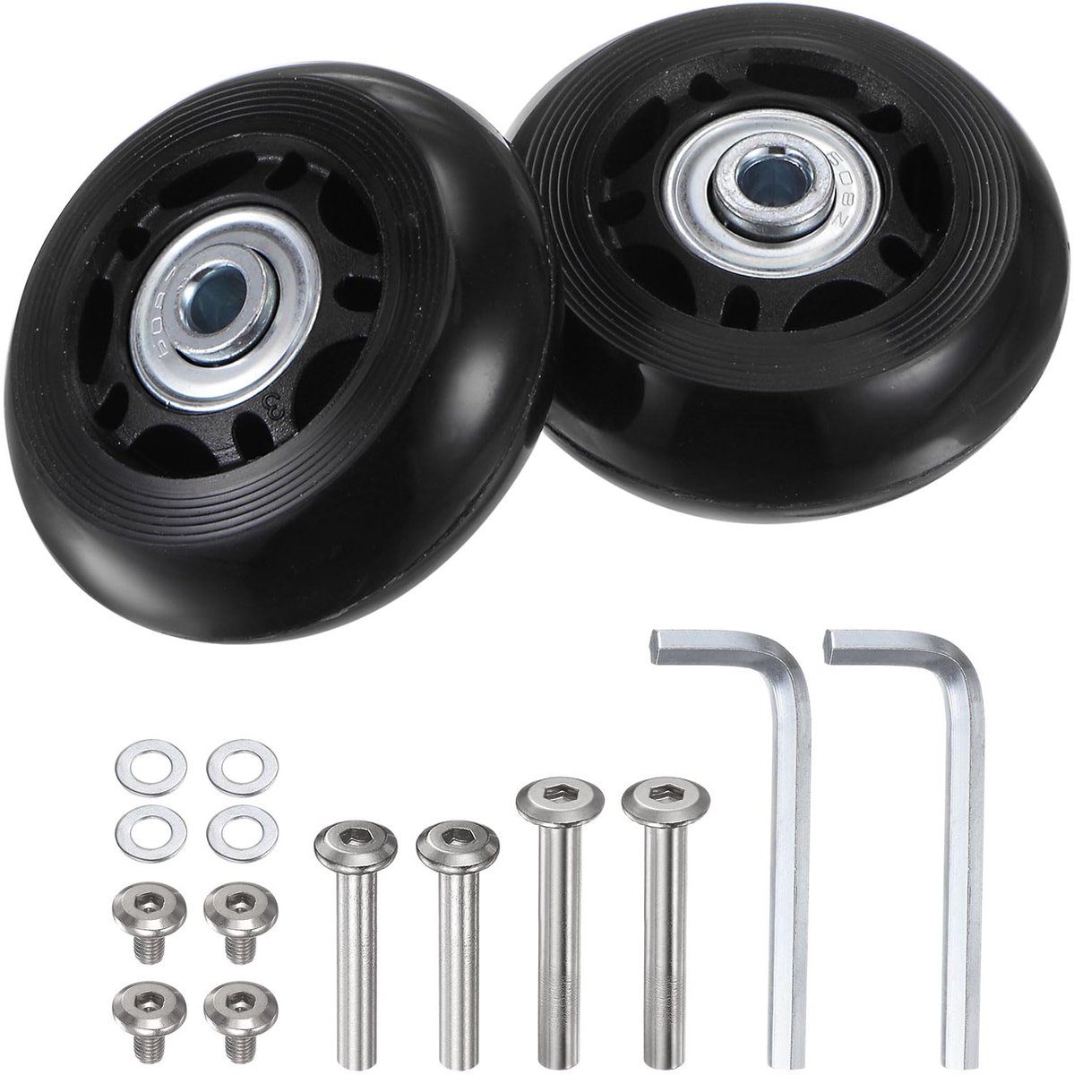 Replacement Case Wheels, 60 x 24 mm, Repair Kit for Trunk Rails, Includes 2 PU Bearing Wheels and Washers for Trolley Bags, Inline Skates and Caster Boards