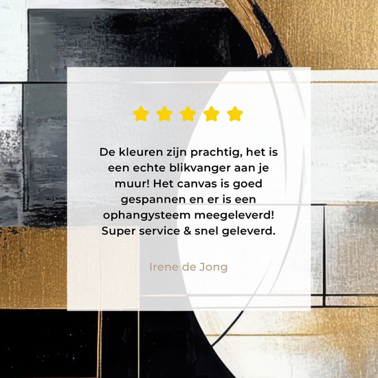 Arrière-plan de texte avec des étoiles et le texte 'Les couleurs sont magnifiques, c'est un véritable accroche-regard sur votre mur ! La toile est bien tendue et un système de suspension est inclus ! Super service & livraison rapide.'