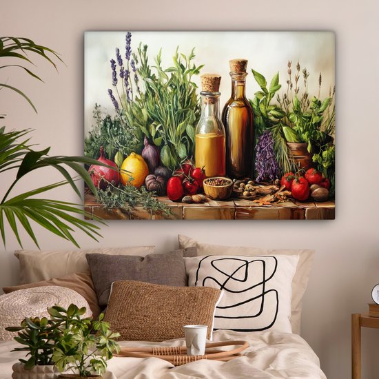 Peinture sur toile 120x90 cm - Décoration murale Nature morte - Herbes - Épices - Fruits - Coloré - Décoration murale salon - Décoration chambre - Accessoires chambre - Peintures